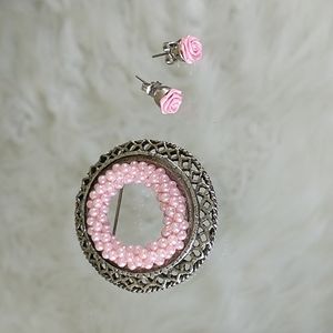 Vintage Pink beaded silver tone brooch pin with pink fabric rose post earrings